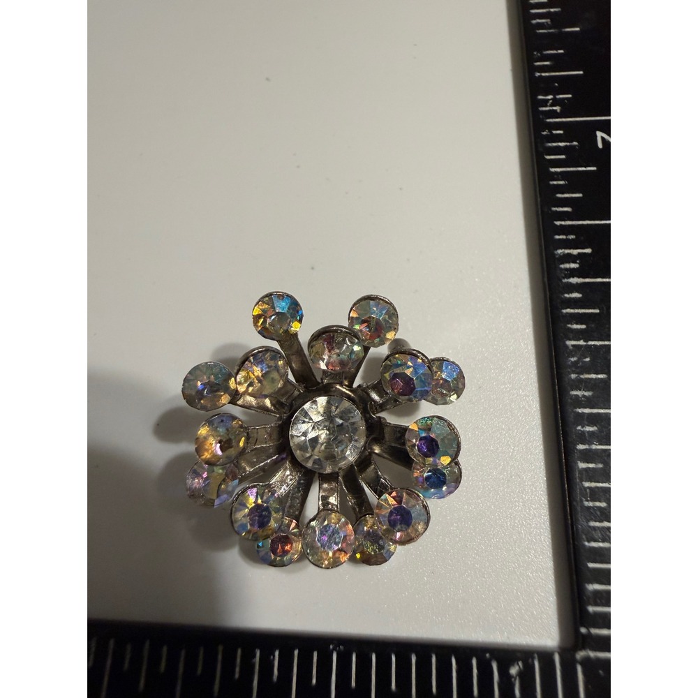 Vintage Aurora Borealis Rhinestone Sunburst Brooch Silver Tone Starburst Pin 1"